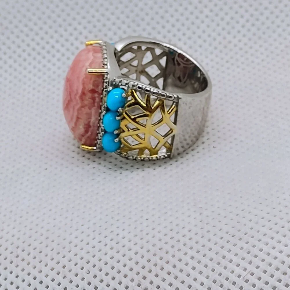 KRH India 925 Sterling Silver Pink Rhodochrosite & Turquoise Ring Size 6 - Picture 3 of 8